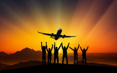 Fototapeta na wymiar Group silhouette raising hands under airplane at sunset.