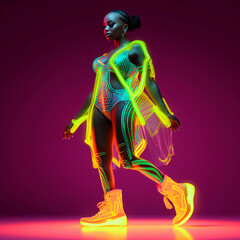 African woman in neon costume and neon shoes, in the style of futuristic pop, luminous color palette 