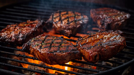 Barbecue steaks cooked together with breading on hot grill. 