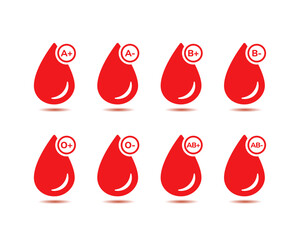 Blood group icon set. O, A, B, AB Positive and Negative Type of Blood Pictogram Set.