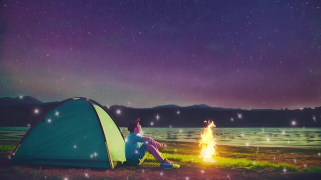 beautiful landscape camping in the aurora mountains background. lake background ,seamless looping time-lapse virtual 4k video animation background.
