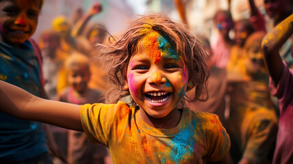 Holi celebrations in India. Shot of a little girl playing Holi.