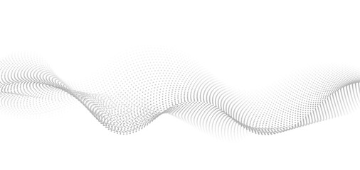 Flowing dots particles wave pattern monochrome halftone gradient curve shape isolated on transparent background. Vector in concept of AI, technology, modern science, music, sound. - obrazy, fototapety, plakaty
