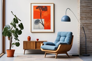 Blue Retro Minimalist Living Room Interior Design