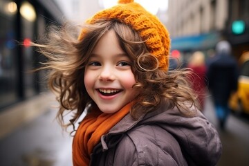 Portrait of a cute little girl with long curly hair in the city