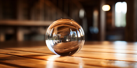 A glass ball on a wood surface, Glass transparent crystal glass ball.