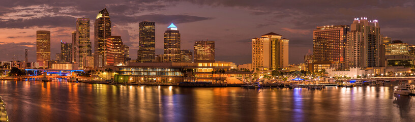 Tampa at Dusk - A panoramic dusk view of waterfront skyline of Tampa Downtown on a calm Summer...