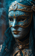 Mysterious Venetian Mask Shrouded in Smoke, Evoking Masquerade Elegance and the Enigmatic Allure of Secret Identities in a Dark, Ethereal Setting