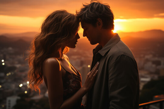 Charming Caucasian young couple hugging on the top floor of a skyscraper.