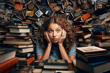 A young woman overwhelmed by everything he has to study. Concept: Exam anxiety