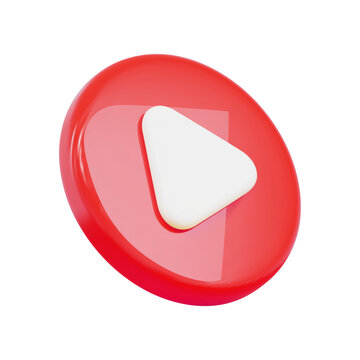 3d red play button icon. Symbol to watch tv, video, movie,live stream. Stock vector illustration on isolated background..