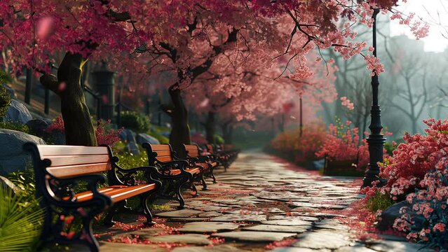 Spring scenery. Spring forest path. pink sakura color tree, benches in a city park with beautiful view. Nature scene in sunset. Cartoon or anime illustration video style background 