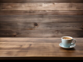 Blue coffee cup on a wooden table - obrazy, fototapety, plakaty