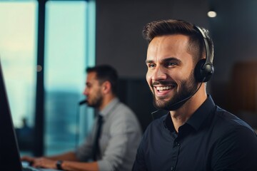 A brown-eyed, dark-haired male operator with a broad smile answering a call with headphones and a microphone. Concept: Personalized customer service.