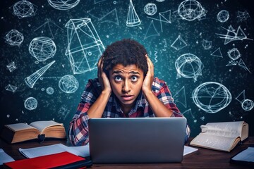 A young man overwhelmed by everything he has to study. Concept: Exam anxiety