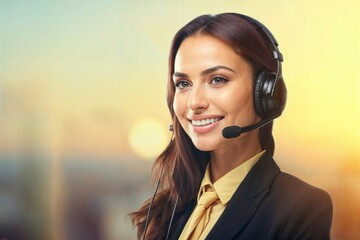 A brown-eyed brunette woman operator with a broad smile answering a call with headphones and a microphone. Concept: Personalized customer service