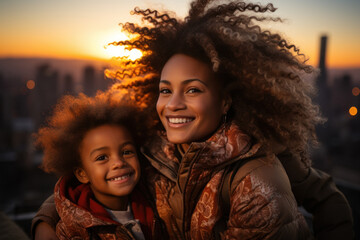 Happy African family, mother and child on top floor of skyscraper looking at urban landscape