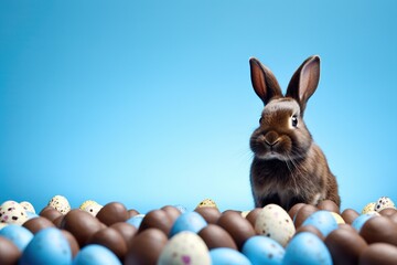 Fototapeta na wymiar Sweet chocolate rabbit and easter eggs on blue background