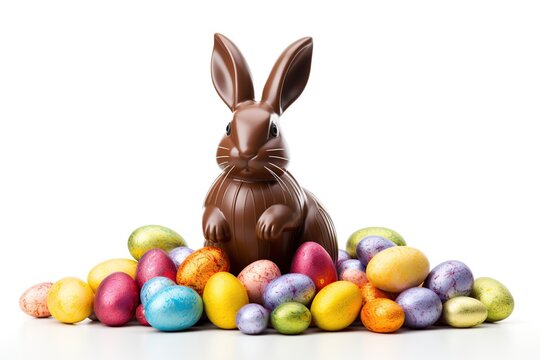 Sweet chocolate rabbit and easter eggs on white background