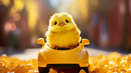 Cute little chicken in toy car on blurred background, closeup
