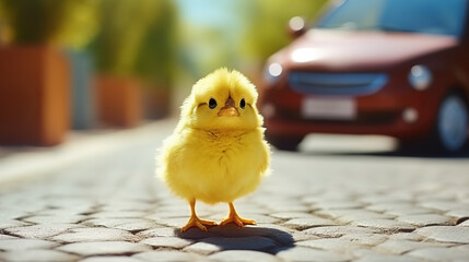 Cute little yellow chicken walking on pavement outdoors, closeup. Easter celebration