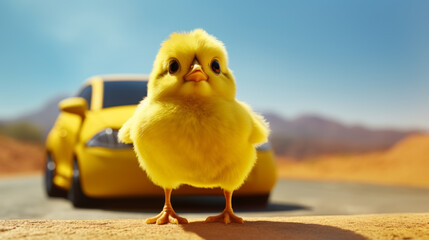 Cute yellow chick standing on the road with car on background.