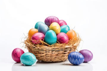 Fototapeta na wymiar Basket with colorful easter eggs isolated on white background