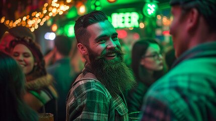 A bearded man smiling and toasting in a traditional Irish pub at St. Patrick's day. 
