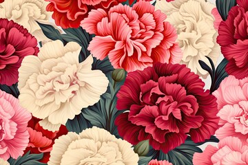 Carnations Blooming Flower Pattern for Gardening Blog Background, Retro Clothing Textile Design, Vintage Fashion Concept Art, Cottagecore Background, Kitsch Floral Wallpaper Painting
