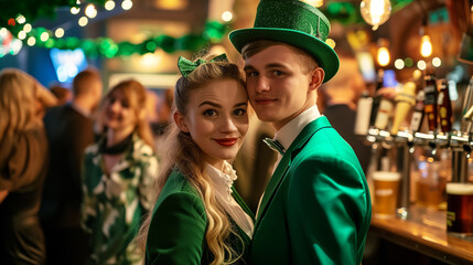 Portrait of a young couple wearing traditional green suits to celebrate St. Patrick's day in an Irish pub. 