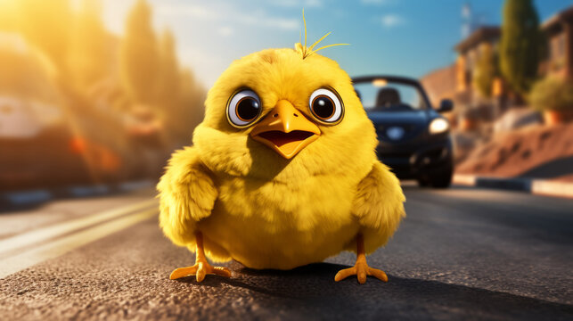 Cute yellow chick on the road in the city. 3d rendering