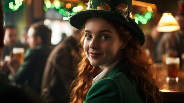 portrait of a redhead beautiful girl smiling in a traditional Irish pub at St. Patrick's day. 