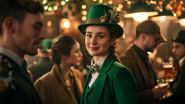 Portrait of a beautiful girl smiling in a traditional Irish pub at St. Patrick's day. 