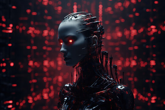 An evil AI with a human-like face in a defiant attitude. Concept: The future dangers of leaving everything in the hands of AI