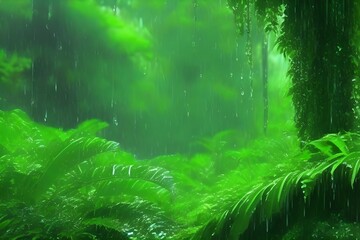 Tropical rainforest with green ferns and rain drops