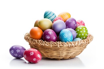 Basket with colorful easter eggs isolated on white background