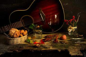 Flemish still life with food, flowers, seeds. Yellow and brown grading