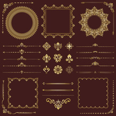 Vintage set of horizontal, square and round golden elements. Elements for backgrounds, frames and monograms. Classic patterns. Set of vintage patterns