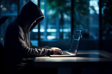 A hooded computer hacker cracking digital code to hack into the mainframe of a network and disrupt systems to black mail, hold to ransom or take down companies, products or service