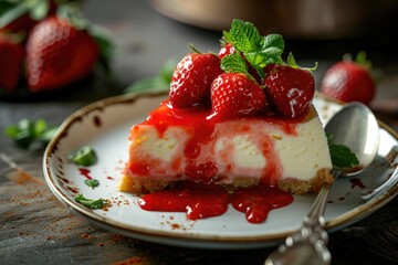 Indulge in a delectable treat as you savor the creamy cheesecake, adorned with fresh alpine and virginia strawberries, delicate mint leaves, and a drizzle of sweet berry sauce on a pristine white pla - obrazy, fototapety, plakaty