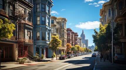 A wide angle view of a street with colorful Victorian style houses and parked cars