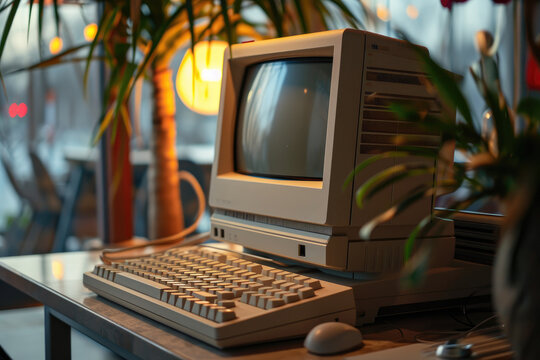 A dusty personal computer sits on a cluttered table, its outdated keyboard and monitor hinting at a forgotten era of technology and the passage of time