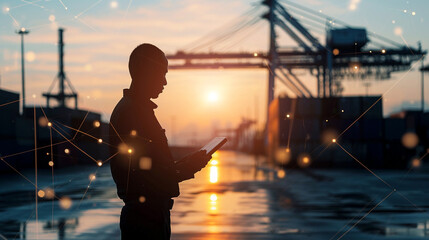 Silhouette of a logistics manager with supply chain networks and transportation technology - obrazy, fototapety, plakaty