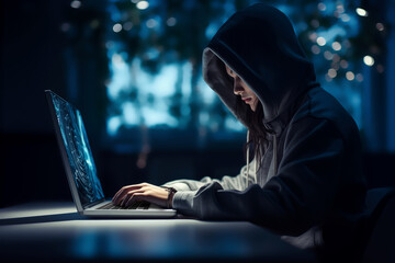 hacker hooded computer cracking digital code to hack into the mainframe of a network and disrupt...