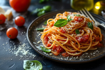 classic italian spaghetti pasta with tomato sauce, parmesan cheese and basil on plate, dark table,...
