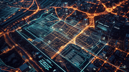 Urban planning HUD with glowing city maps and infrastructural grids