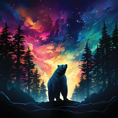 Bear in colorful skyline, Created ai generated.