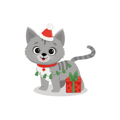 Cute cartoon kitten and gift box Isolated on white. Christmas Illustration for design, banners, children's books and patterns. Funny cat in santa hat. Vector illustration