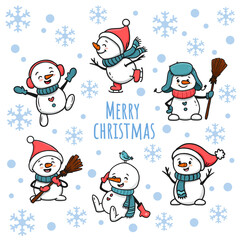 Set of cute cartoon snowmans for content , banner, stickers and greeting card, christmas and new year. The collection of funny snowmen in doodle style. Vector