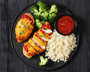 baked chicken breasts with rice, broccoli on plate